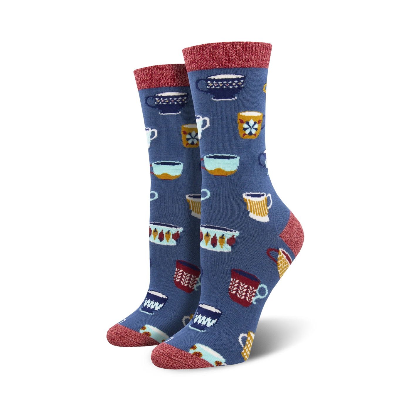 Pair of crew socks in blue with a pattern of colorful mugs. Red and gold accents. Soft bamboo material.
