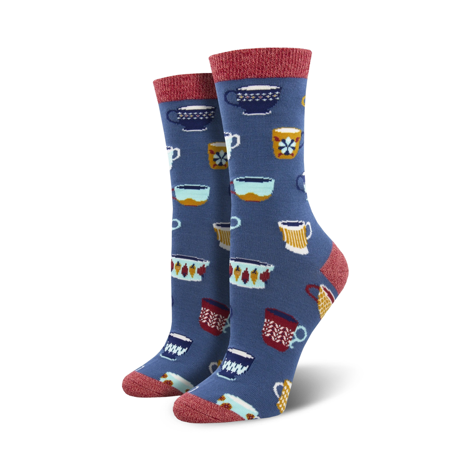 Pair of crew socks in blue with a pattern of colorful mugs. Red and gold accents. Soft bamboo material.