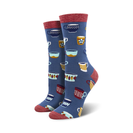 blue bamboo socks with white, light blue, yellow, and red coffee mug pattern. women's crew length.  