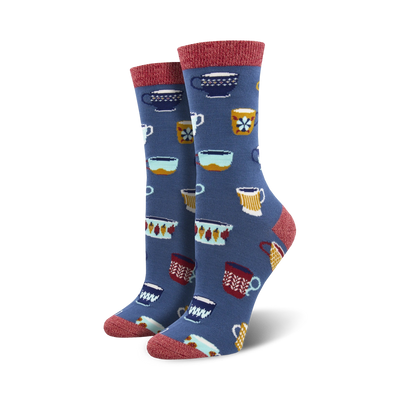 blue bamboo socks with white, light blue, yellow, and red coffee mug pattern. women's crew length.  