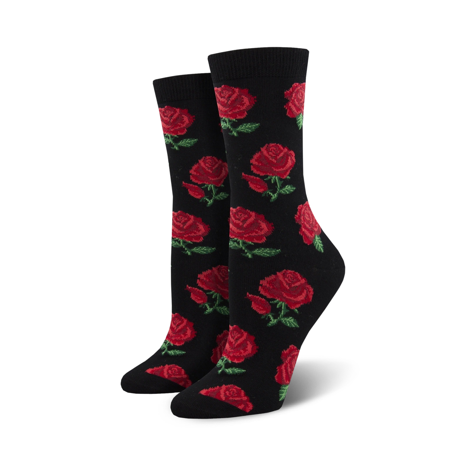 Pair of black crew socks with a repeating pattern of red roses and green stems. Made from soft bamboo.