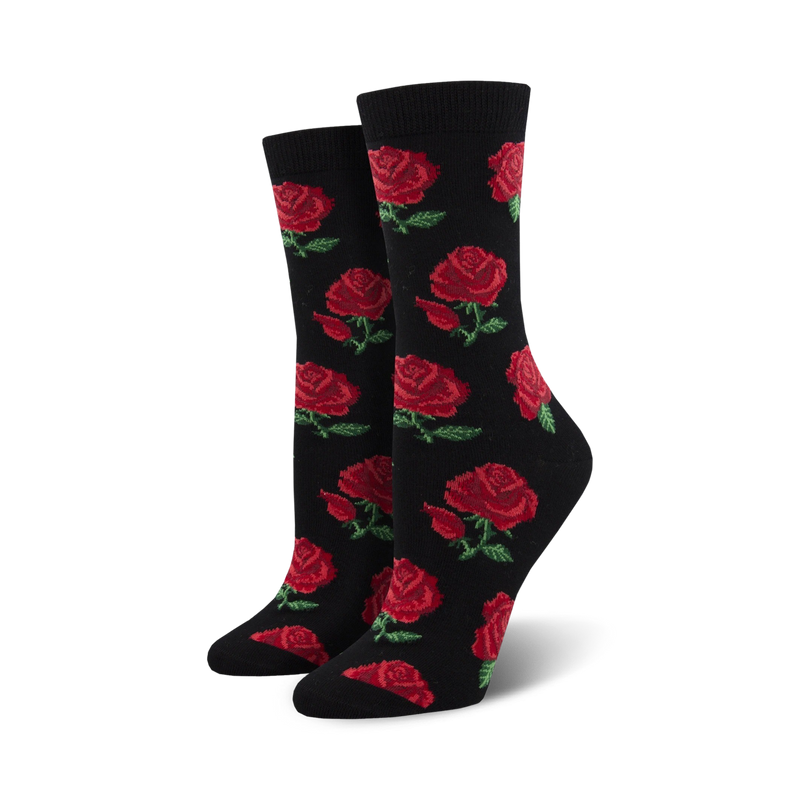 Pair of black crew socks with a repeating pattern of red roses and green stems. Made from soft bamboo.