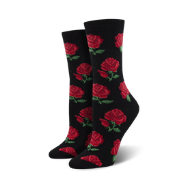 rosy toes bamboo crew socks: black socks with red rose and green leaf pattern, perfect for women with a flair for floral fashion.  