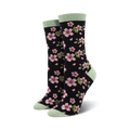 Pair of women's crew socks in black with pink cherry blossom design and light green cuffs.