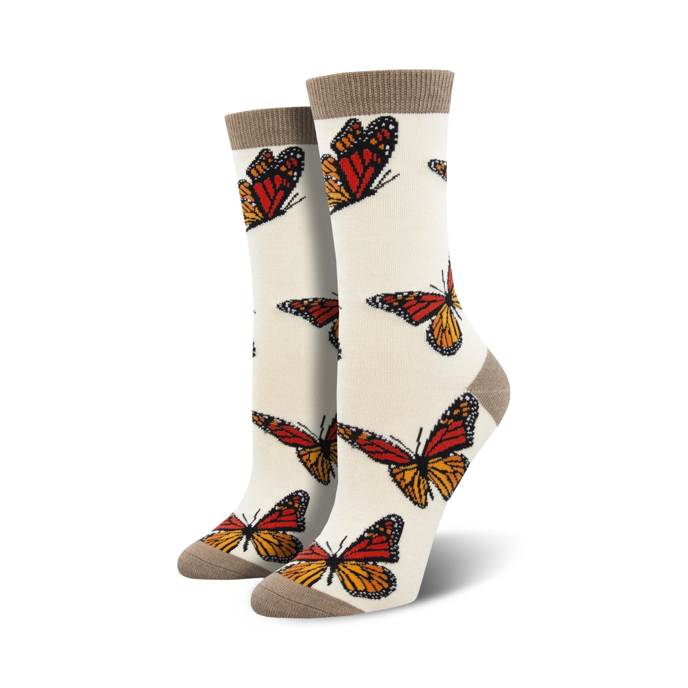 Pair of cream women's crew socks adorned with orange and brown monarch butterfly prints.  Features a subtle taupe cuff.