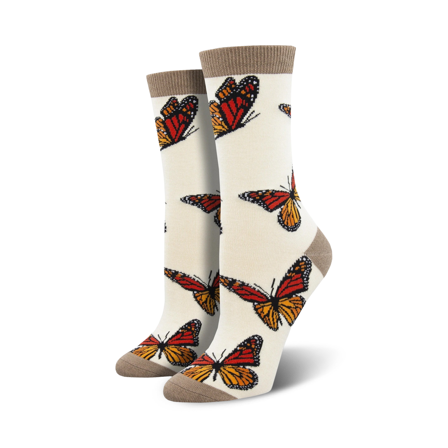 Pair of cream women's crew socks adorned with orange and brown monarch butterfly prints.  Features a subtle taupe cuff.