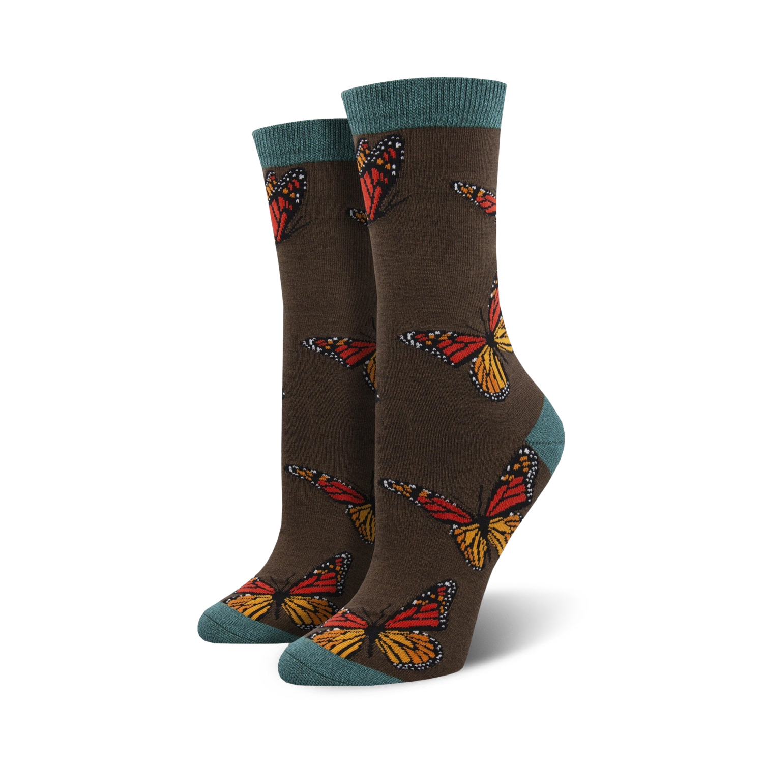 Close-up of a pair of dark brown crew socks with teal cuffs, showcasing the monarch butterfly design.