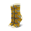 Pair of women's crew socks. Mustard yellow background with repeating brown and cream moth pattern.  Soft bamboo fabric.