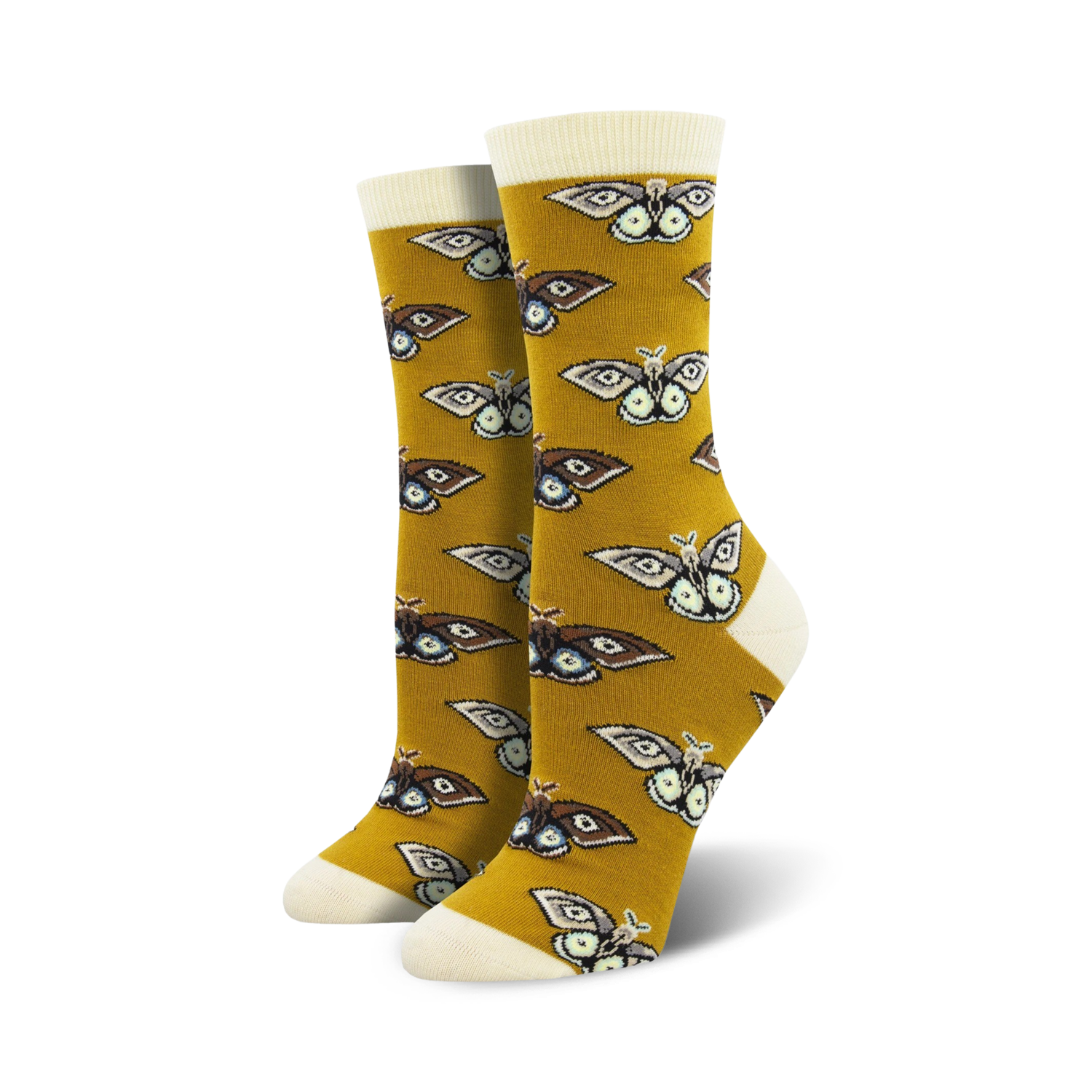 Pair of women's crew socks. Mustard yellow background with repeating brown and cream moth pattern.  Soft bamboo fabric.