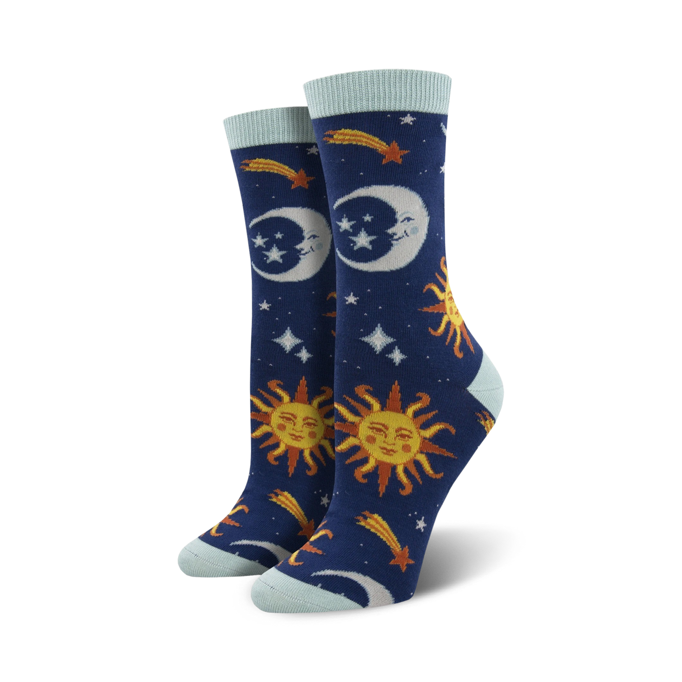 Pair of women's crew socks with a navy blue background. Features suns, moons, shooting stars, and light blue cuffs.