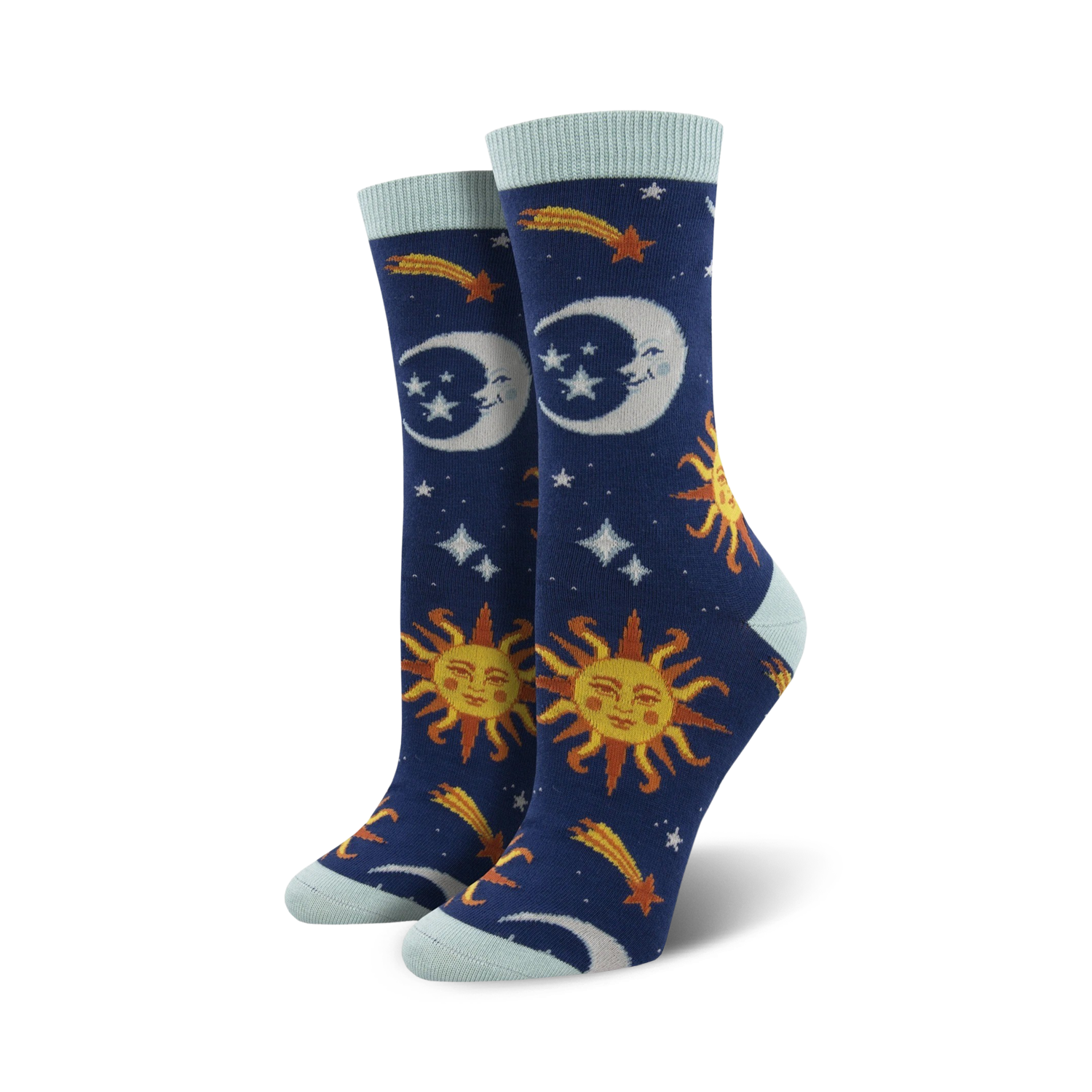 Pair of women's crew socks with a navy blue background. Features suns, moons, shooting stars, and light blue cuffs.