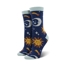 pair of women's crew length socks with celestial pattern and bamboo construction.  