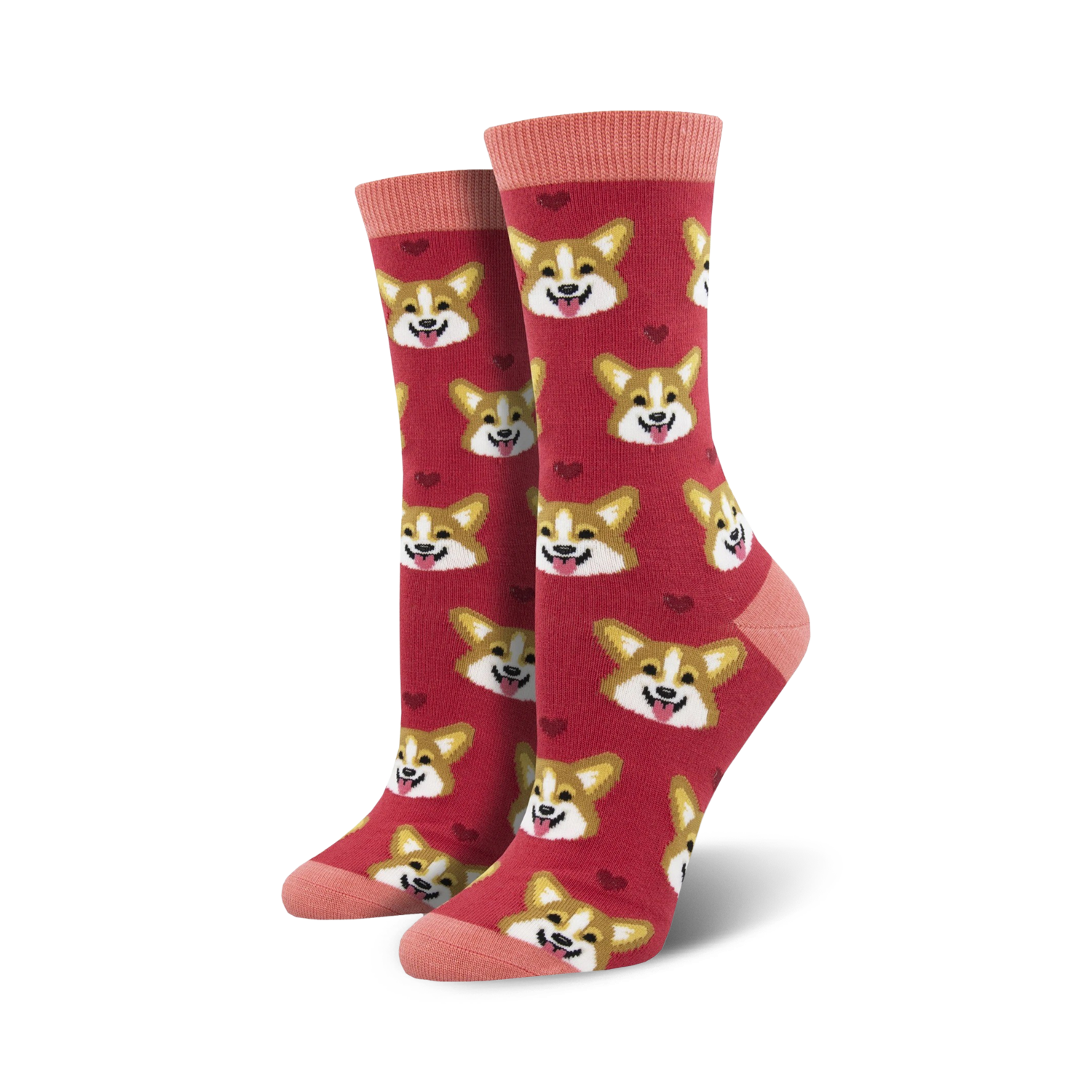 Pair of crew socks; red with corgi faces and small hearts;  bamboo material.