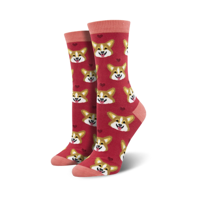 womens corgi face bamboo crew socks - red cartoon dog  