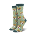 Lifestyle shot: A person's feet wearing the sage green corgi socks.
