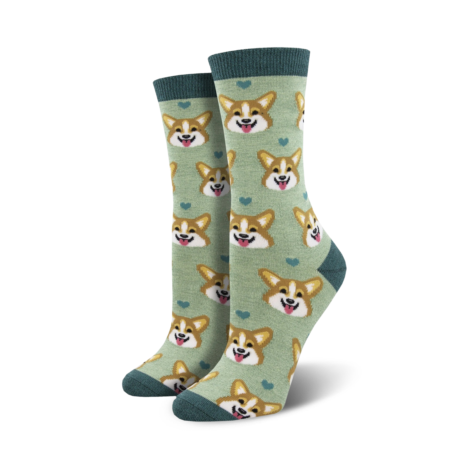 Lifestyle shot: A person's feet wearing the sage green corgi socks.