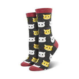 womens cat themed crew length gray socks with orange and white cats faces. made from durable, sustainable soft bamboo.  