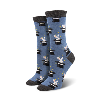 blue crew socks with black hats and stars, and a white rabbit with a bow tie, made of bamboo, for women.   