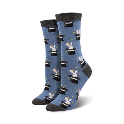 blue crew socks with black hats and stars, and a white rabbit with a bow tie, made of bamboo, for women.   