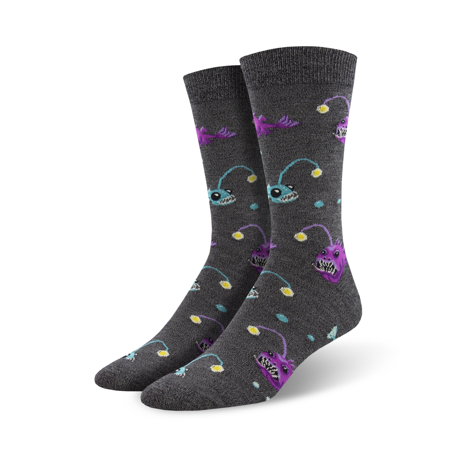 Pair of charcoal grey crew socks with a pattern of purple and teal anglerfish and yellow lights. Made from bamboo.