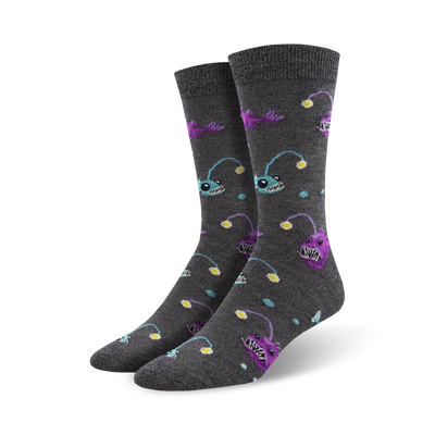 dark gray crew socks with purple and blue cartoon anglerfish pattern. mens.   