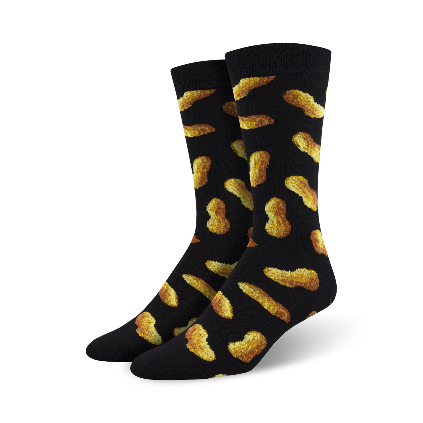Pair of black crew socks with a whimsical all-over print of golden brown peanuts.