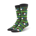Pair of men's crew socks in green with repeating pattern of golf balls and tees in red, white, and blue.  Dark gray cuffs.