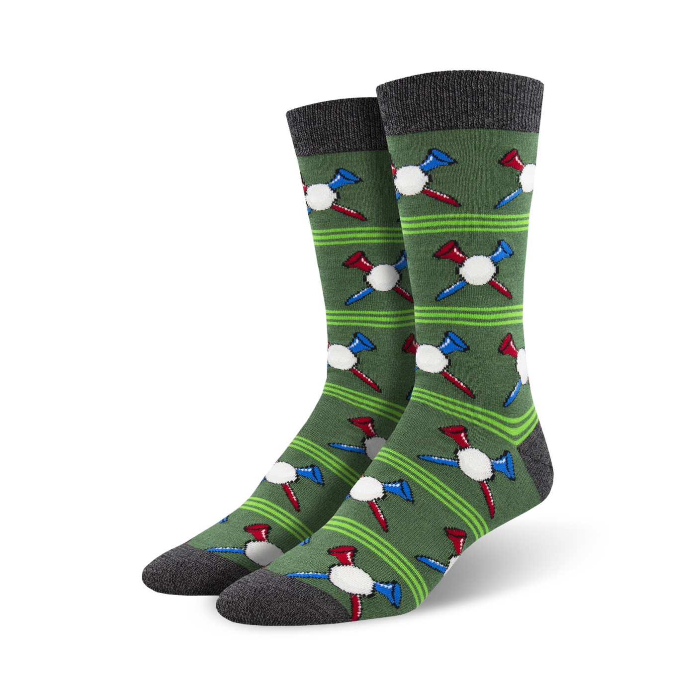 Pair of men's crew socks in green with repeating pattern of golf balls and tees in red, white, and blue.  Dark gray cuffs.