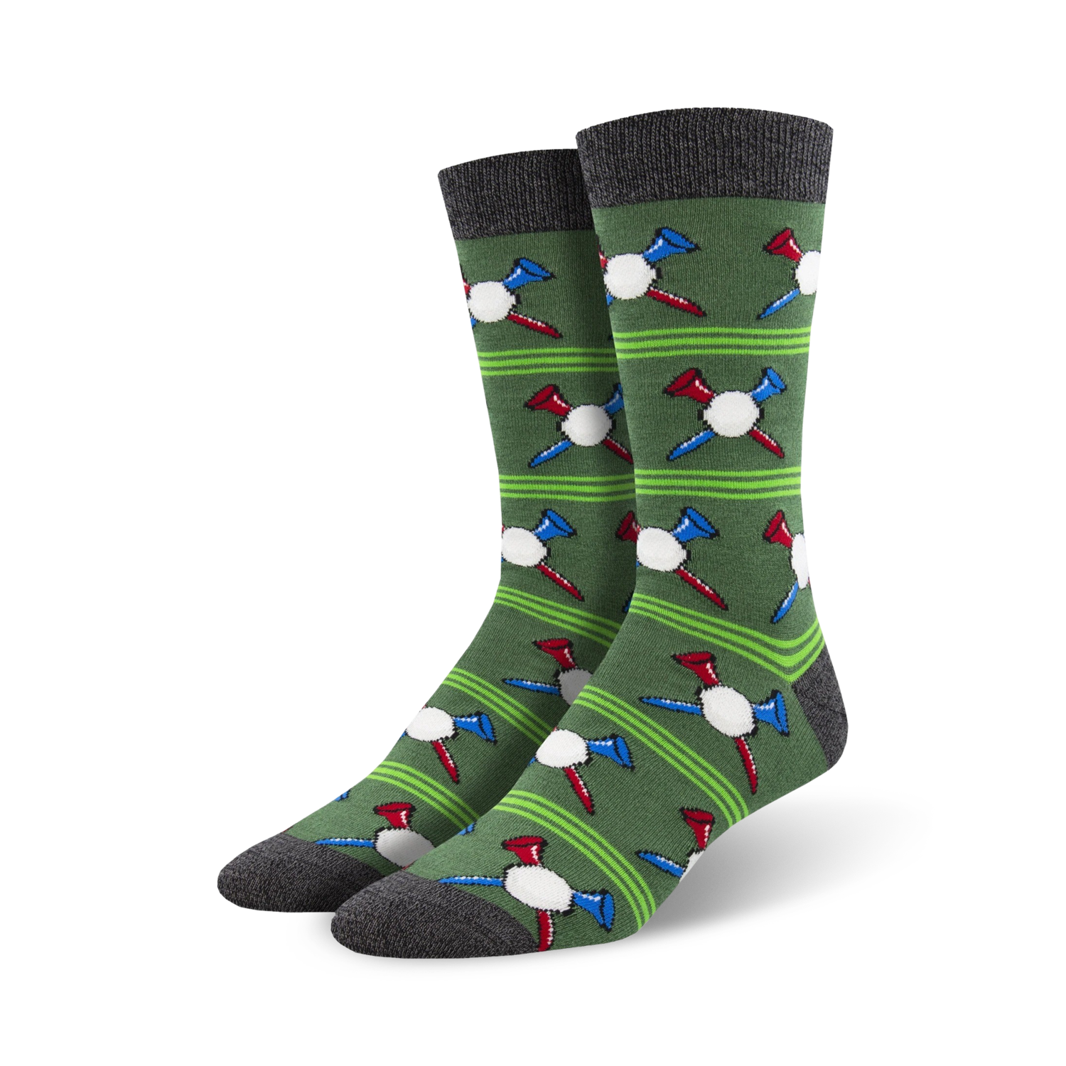Pair of men's crew socks in green with repeating pattern of golf balls and tees in red, white, and blue.  Dark gray cuffs.