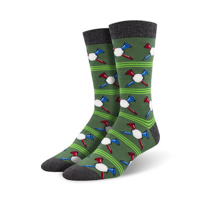 tee off bamboo socks. golf ball and tee pattern on dark green. ribbed top, cushioned foot. mens crew length.  