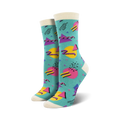 Pair of crew socks with a teal background and multicolored 90s-inspired geometric patterns.  The socks have a cream-colored cuff.