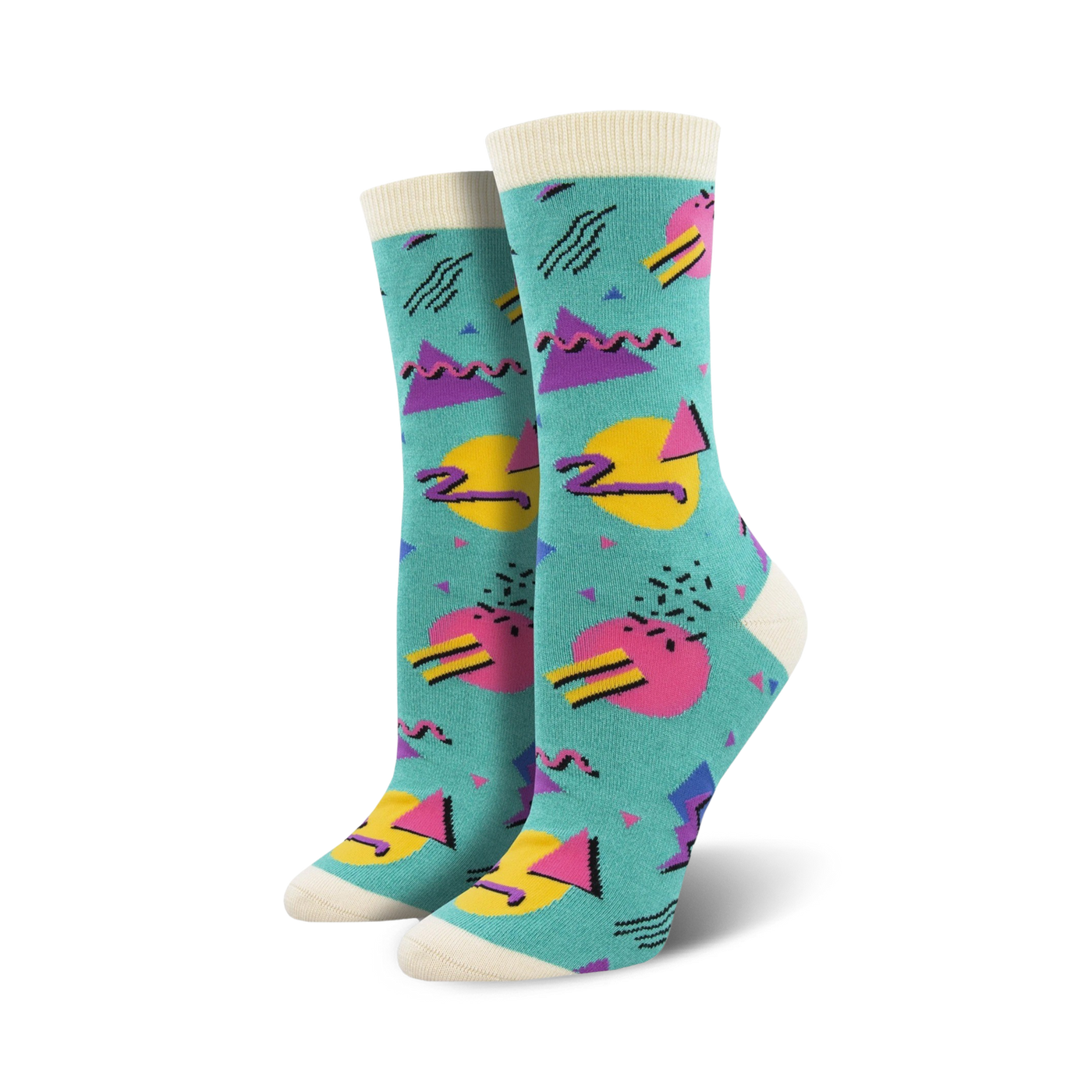 Pair of crew socks with a teal background and multicolored 90s-inspired geometric patterns.  The socks have a cream-colored cuff.