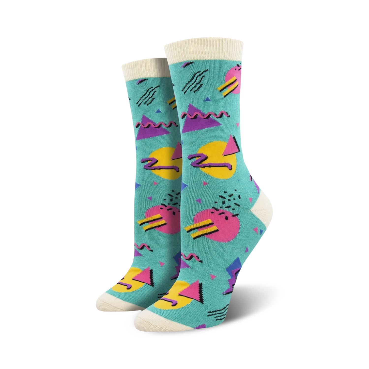 Pair of crew socks with a teal background and multicolored 90s-inspired geometric patterns.  The socks have a cream-colored cuff.