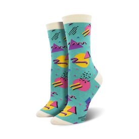 womens 90's vibes bamboo crew socks with colorful geometric shapes in bright pink, blue, yellow and purple.  