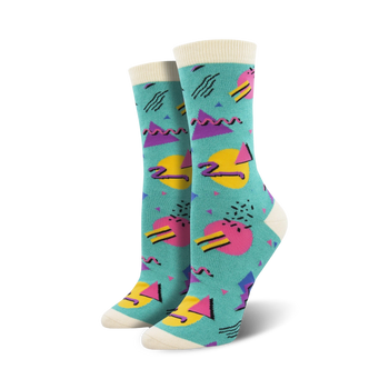womens 90's vibes bamboo crew socks with colorful geometric shapes in bright pink, blue, yellow and purple.  