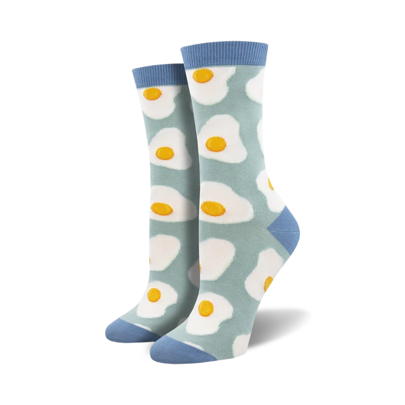 Pair of crew socks with a sunny-side-up egg pattern. Light blue background, white eggs with yellow yolks. Blue cuffs.