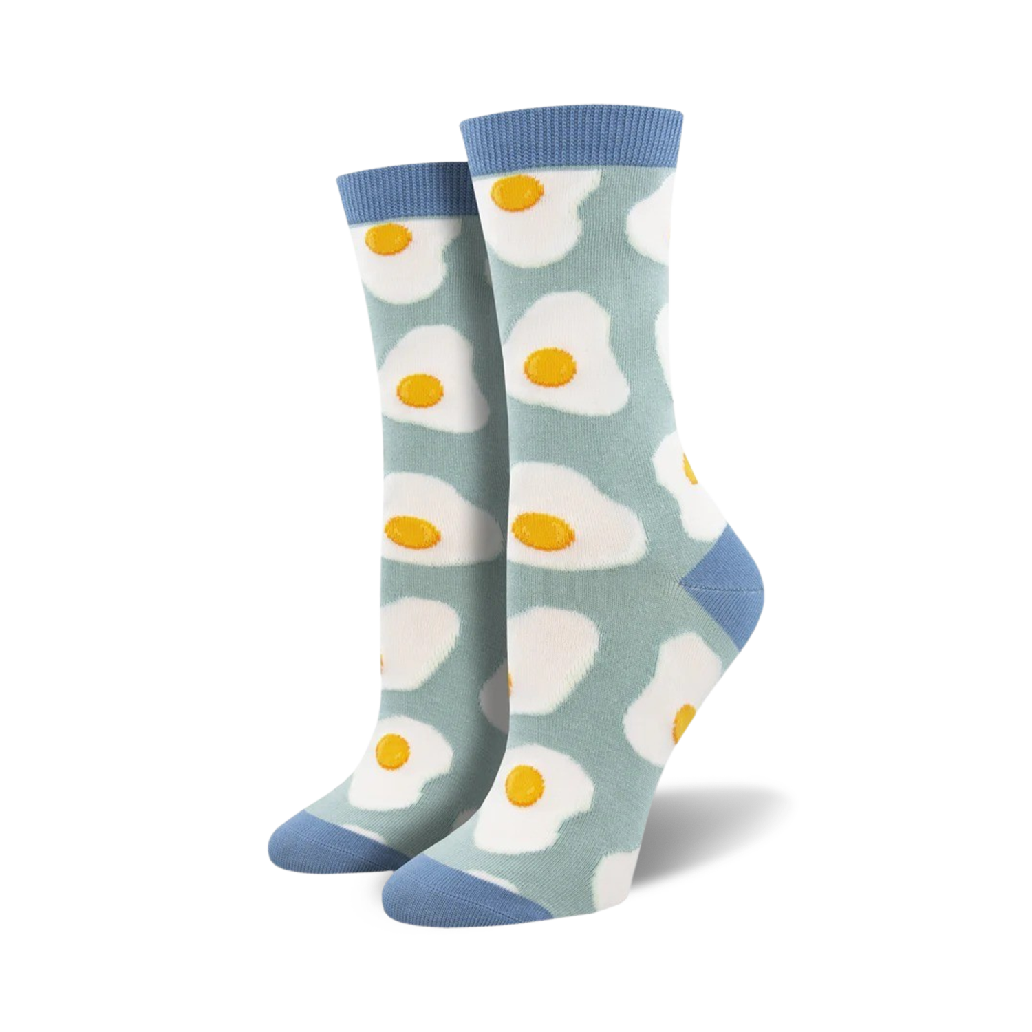 Pair of crew socks with a sunny-side-up egg pattern. Light blue background, white eggs with yellow yolks. Blue cuffs.