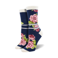 A pair of women's crew socks in navy blue, featuring a pink peony floral print and white stripes.  Soft and comfortable bamboo material.