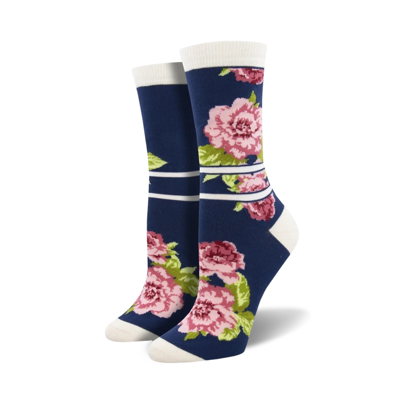 A pair of women's crew socks in navy blue, featuring a pink peony floral print and white stripes.  Soft and comfortable bamboo material.