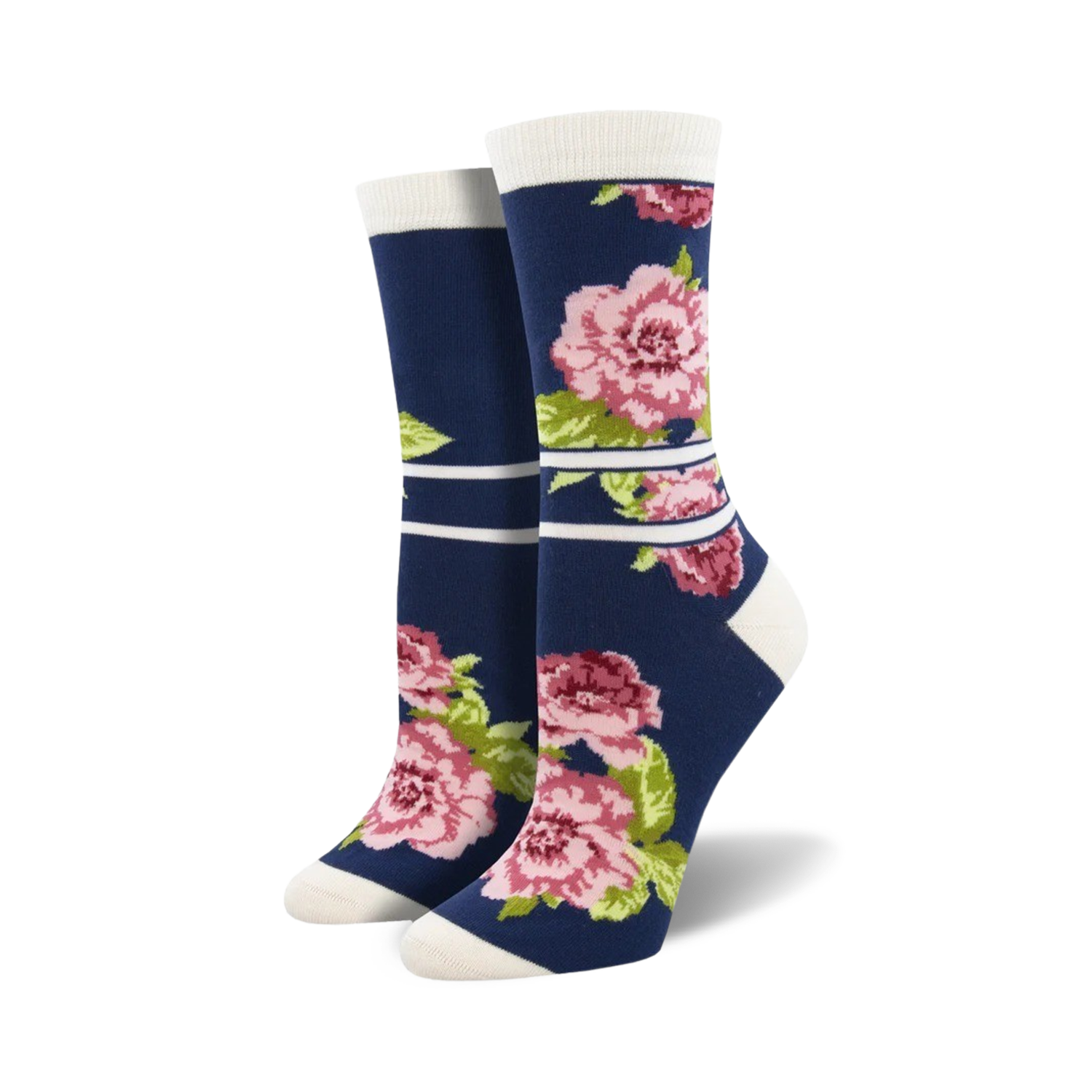 A pair of women's crew socks in navy blue, featuring a pink peony floral print and white stripes.  Soft and comfortable bamboo material.