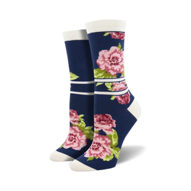 womens peonies if you please bamboo crew socks. pink peony pattern on dark blue background with light blue stripes.   
