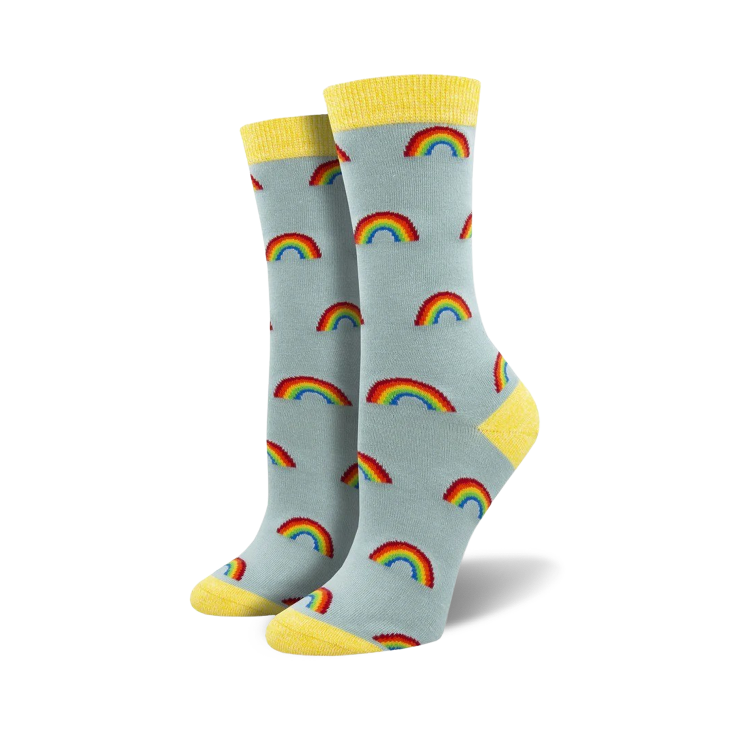 Pair of women's crew socks in light blue with colorful rainbow patterns. Yellow accents at the top of the socks.