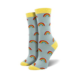 rainbow pattern socks with light blue background and yellow cuff are made from naturally soft, moisture-wicking bamboo.   