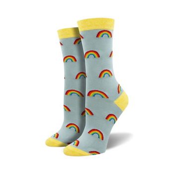 rainbow pattern socks with light blue background and yellow cuff are made from naturally soft, moisture-wicking bamboo.   