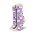 Pair of lavender crew socks with a whimsical pattern of white sheep and rainbow sheep accents.  Off-white cuff.