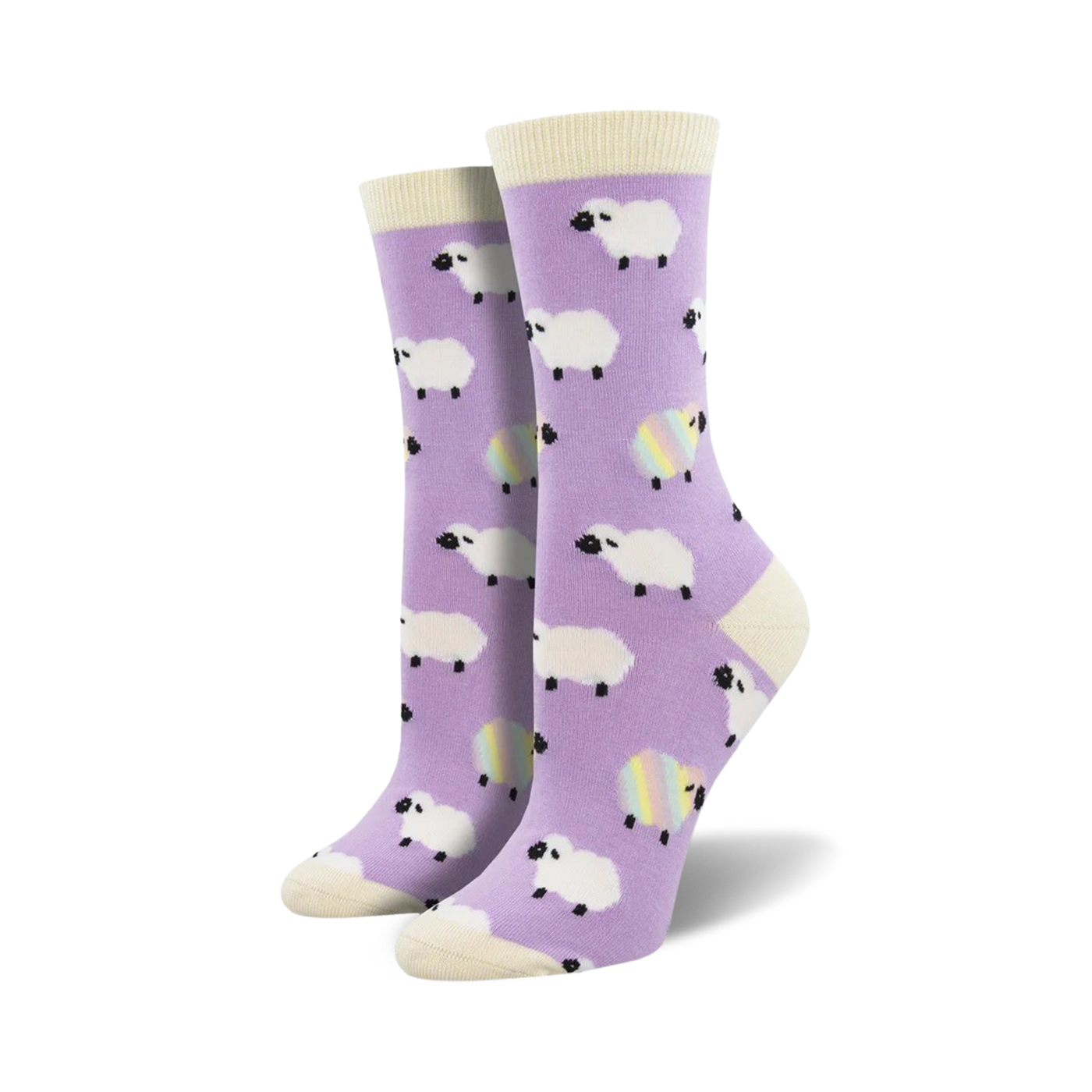 Pair of lavender crew socks with a whimsical pattern of white sheep and rainbow sheep accents.  Off-white cuff.