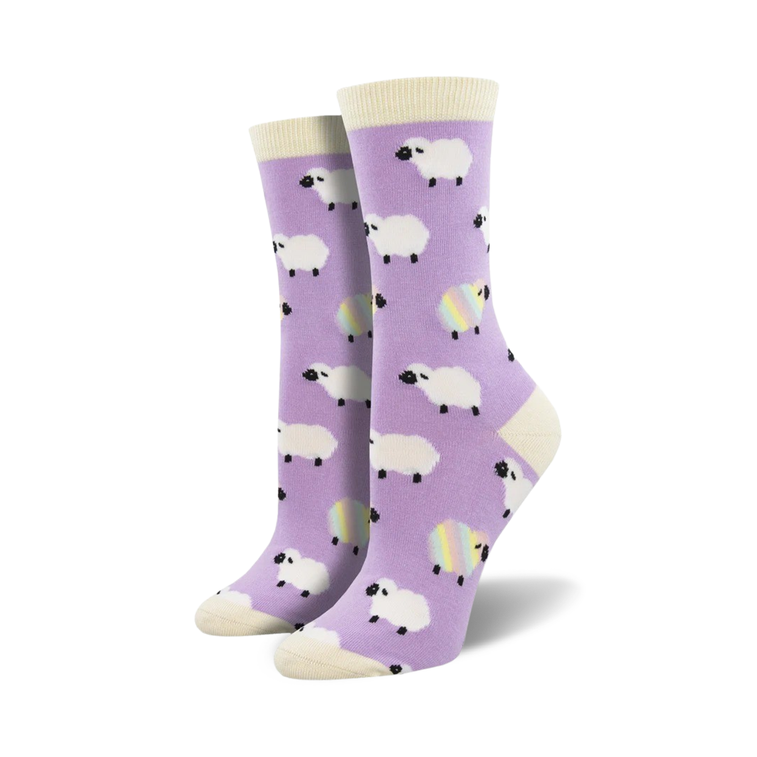 Pair of lavender crew socks with a whimsical pattern of white sheep and rainbow sheep accents.  Off-white cuff.