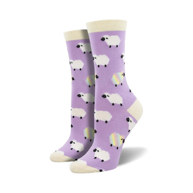 purple crew socks illustrated with colorful cartoon sheep wearing rainbow scarves.   