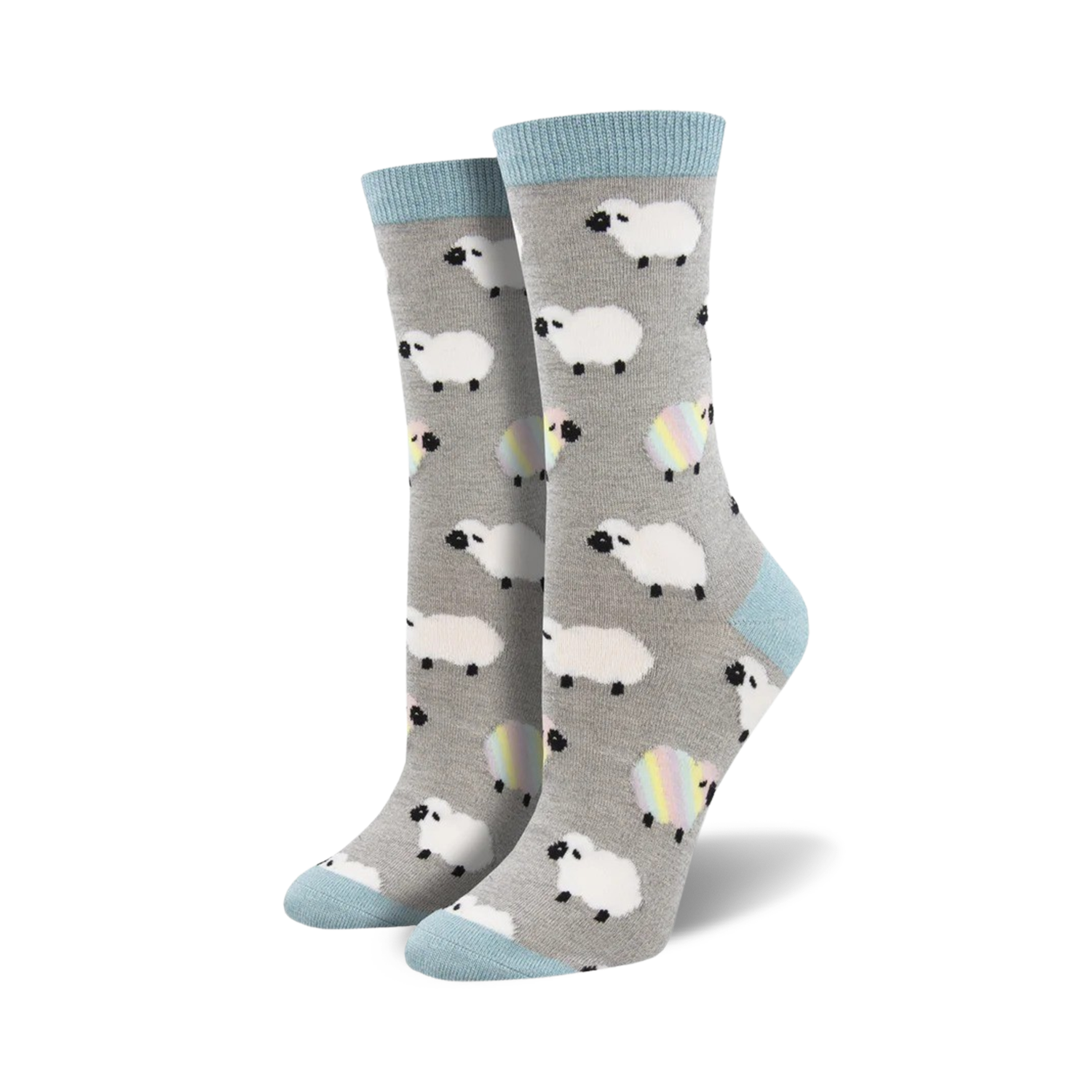 Lifestyle shot of a person's feet wearing the grey sheep socks.  The socks' color and design are clearly visible.