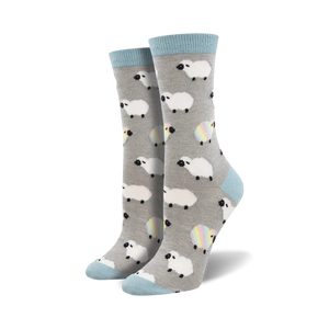 gray crew socks with a whimsical pattern of white sheep holding rainbow yarn balls, perfect for women who love fun and unique accessories.   